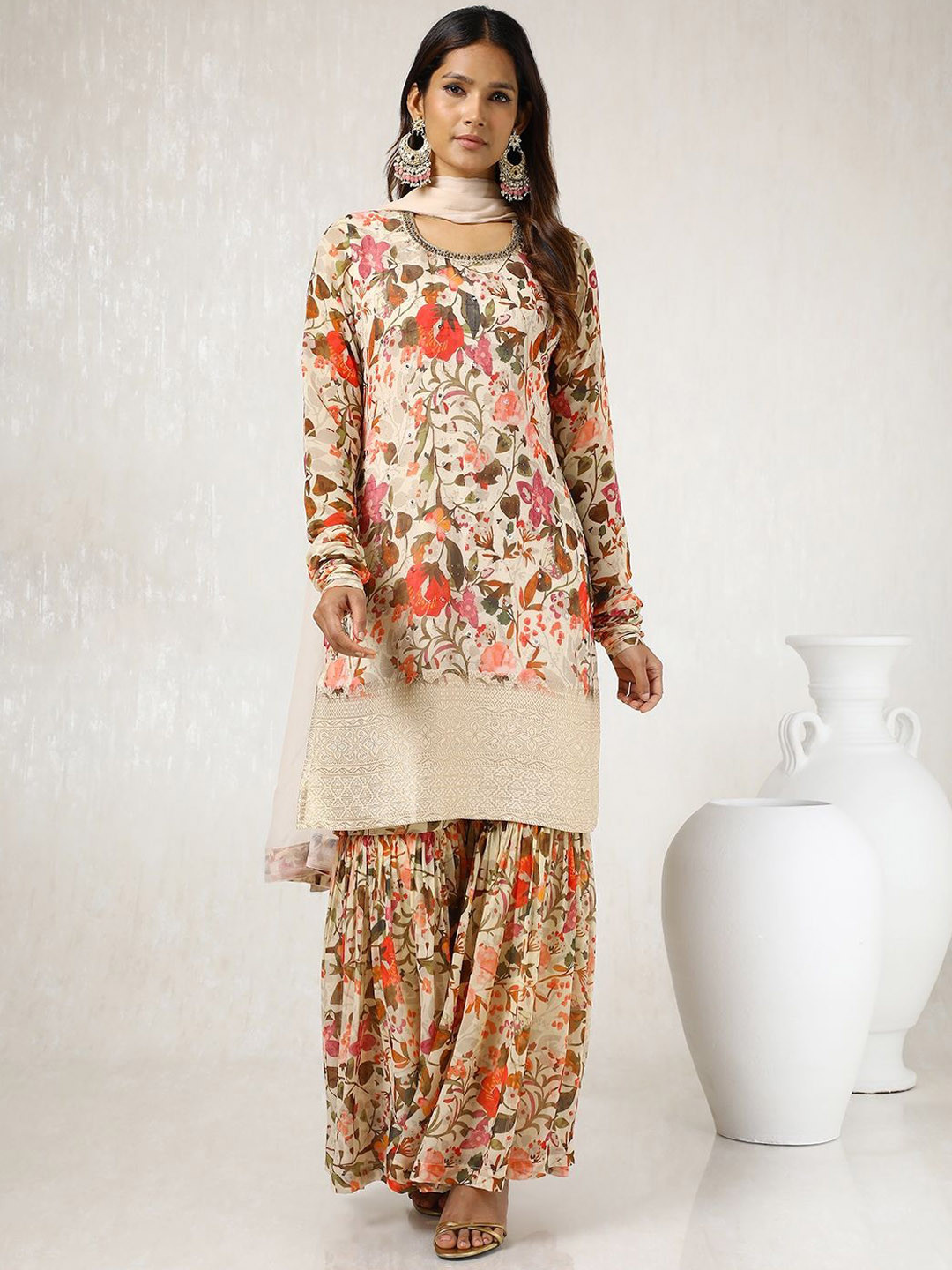 

Soch Floral Printed Straight Kurta with Sharara & Dupatta, Cream