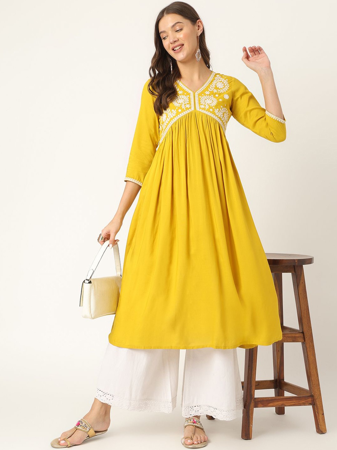 

Ashlee Floral Embroidered Mirror Work Empire A-Line Kurta, Mustard