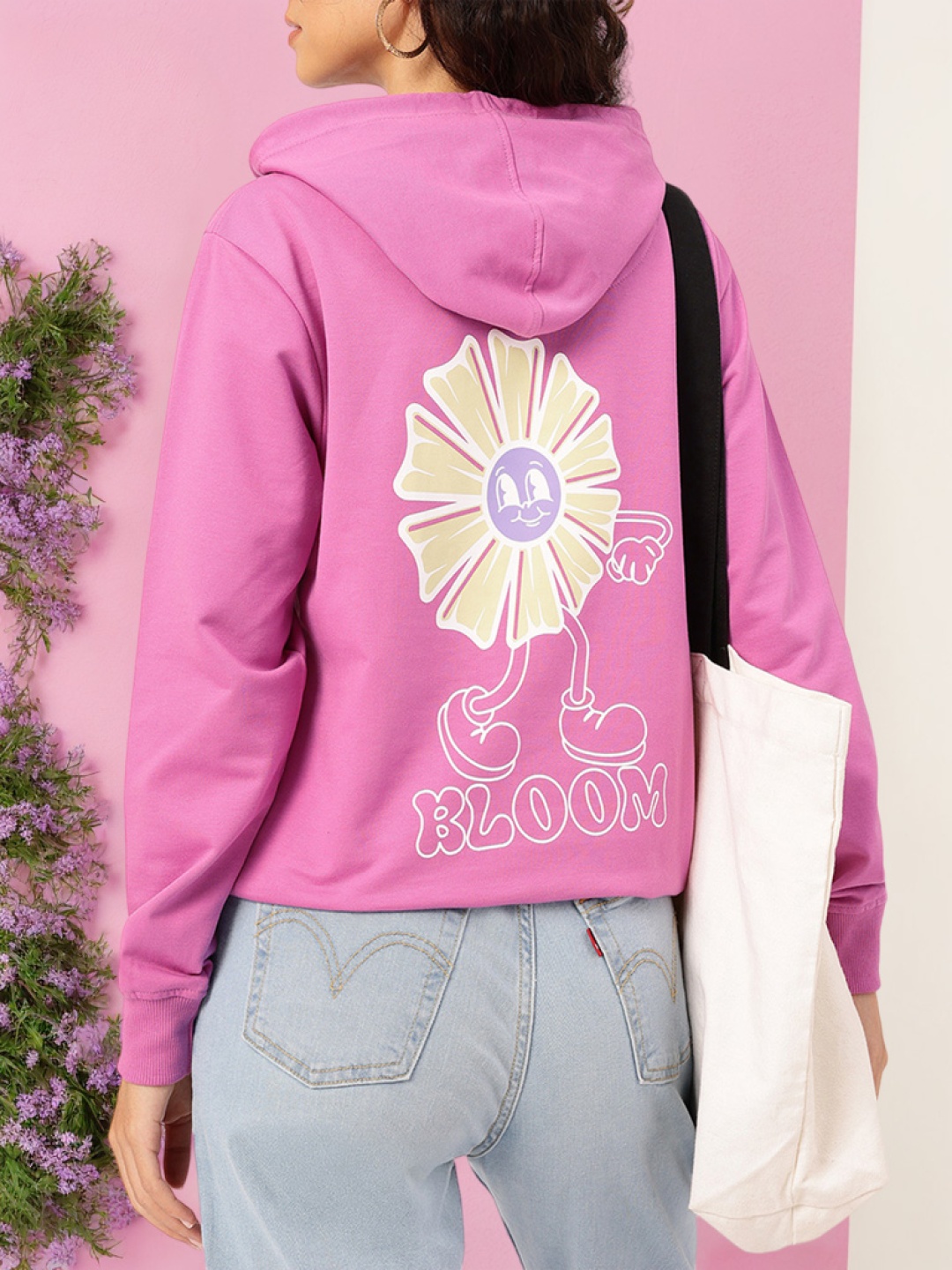 

DressBerry Flower Child Printed Relaxed Hooded Sweatshirt, Pink