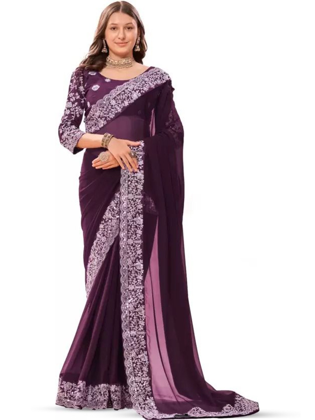 

SAADHVI Embroidered Maheshwari Saree, Purple