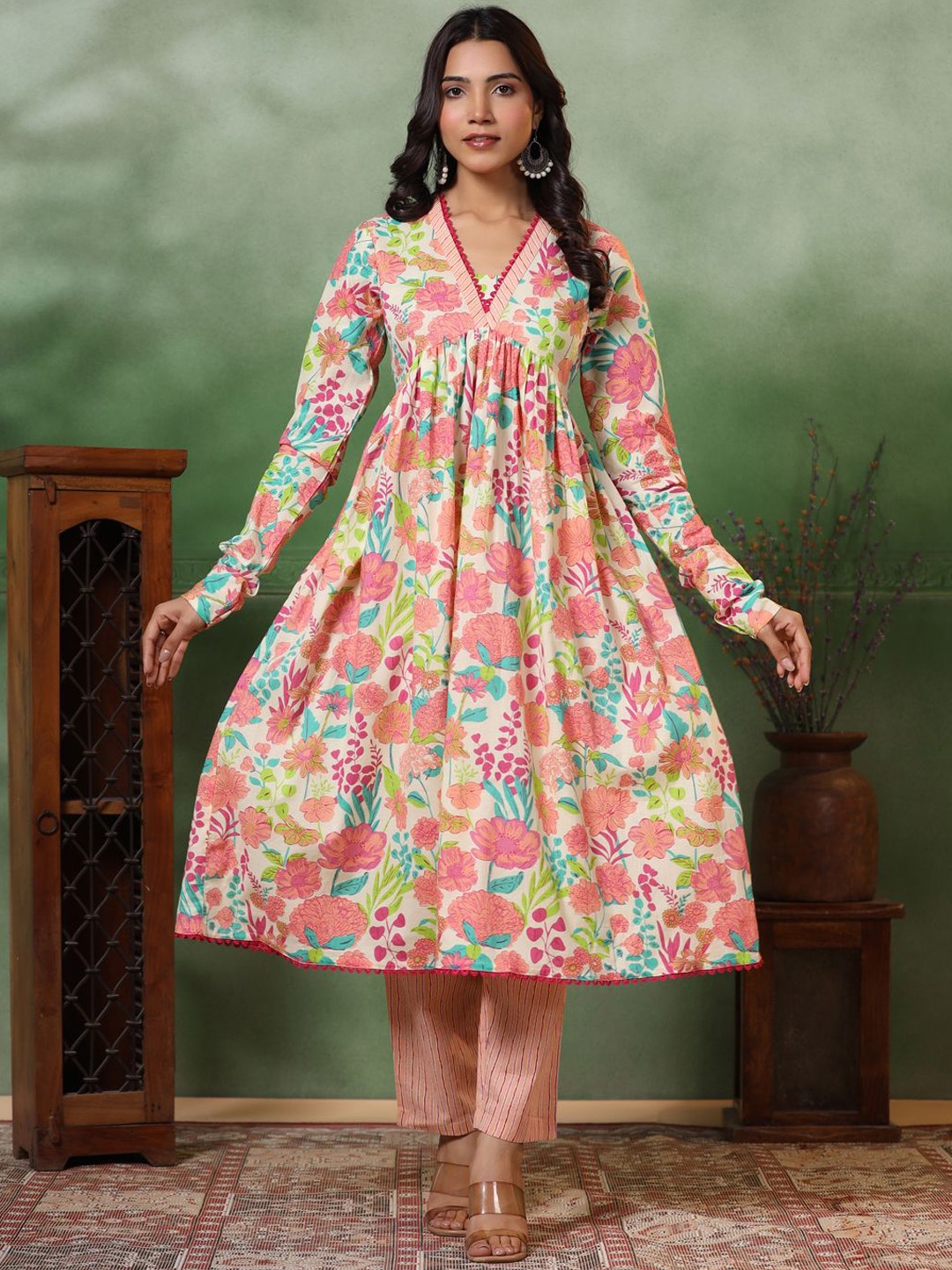 

FASHOR Floral Printed Pleated Pure Cotton Anarkali Kurta with Trousers, Peach