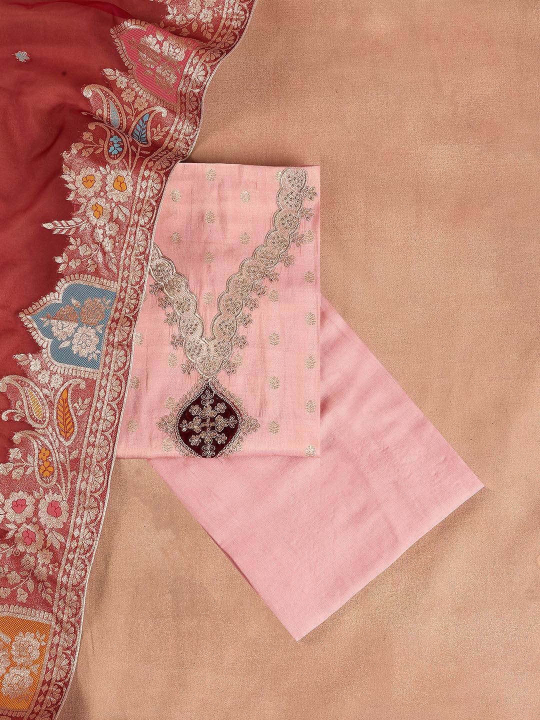 

Libas Floral Embroidered Zari Unstitched Dress Material, Peach