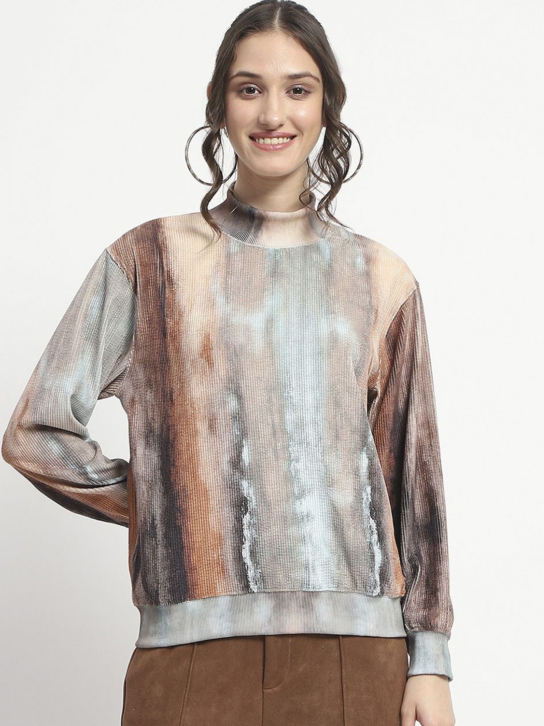 

Madame Women Abstract Printed Cuffed Sleeves High Neck Top, Brown