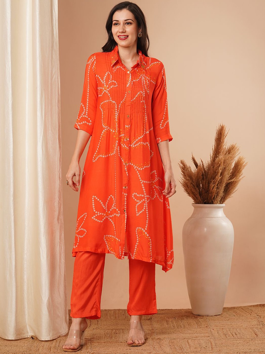 

FASHOR Floral Printed Pleated Mirror Work A-Line Kurta with Trousers, Orange