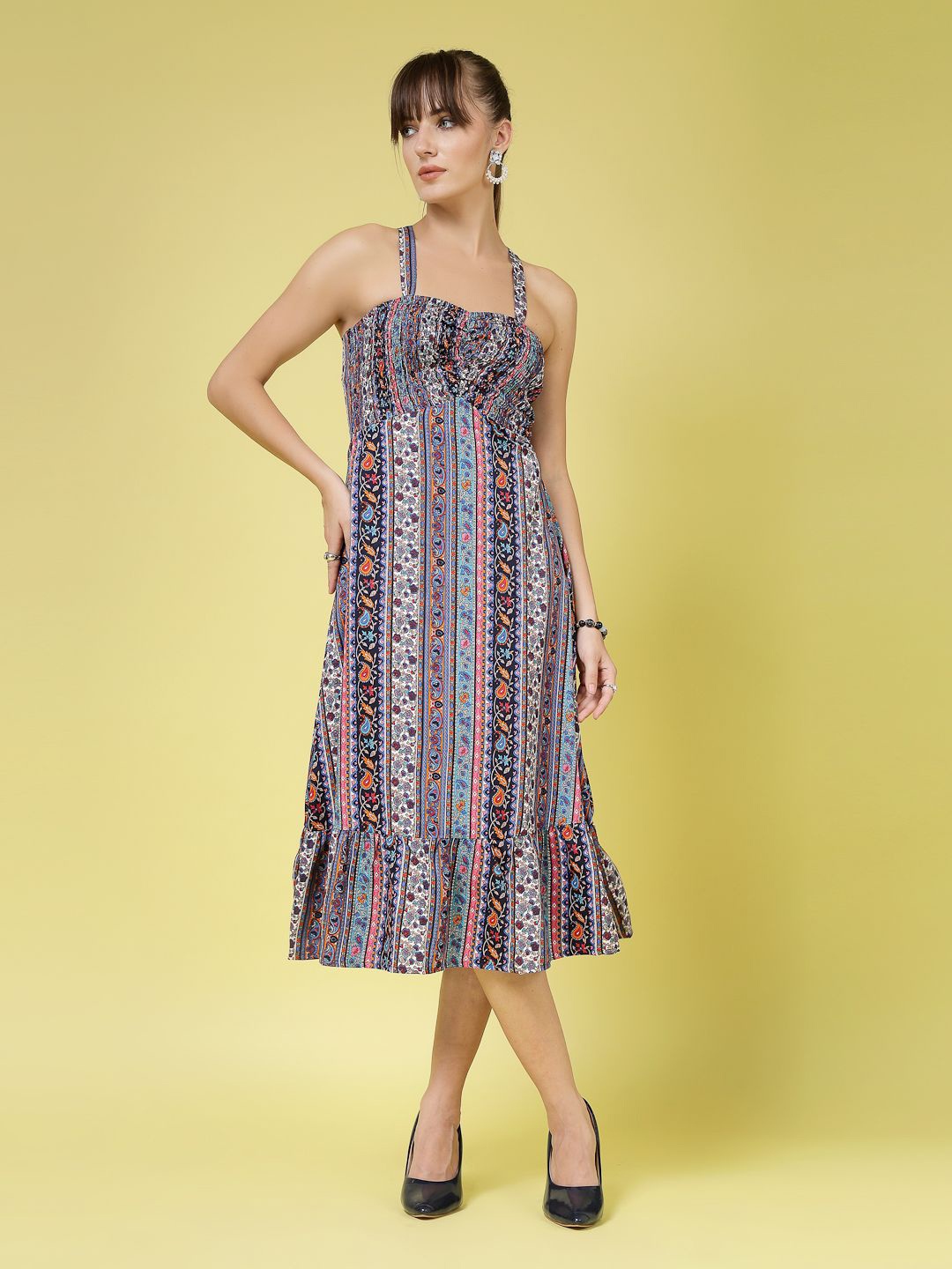 

Oomph! Women Ethnic Printed A-Line Midi Dress, Blue