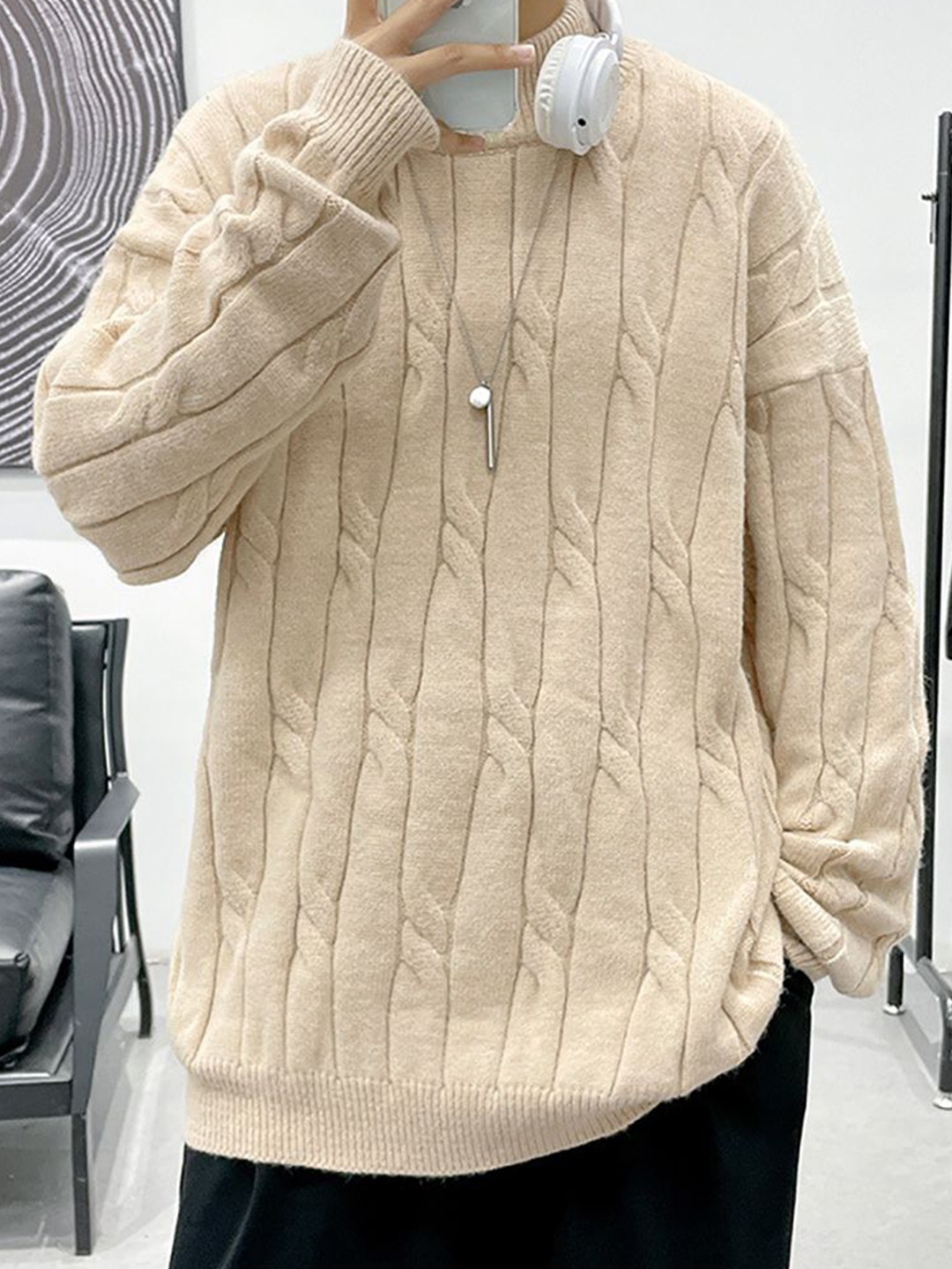

StyleCast x Revolte Men Self Design Cable Knit Round Neck Longline Pullover, Beige