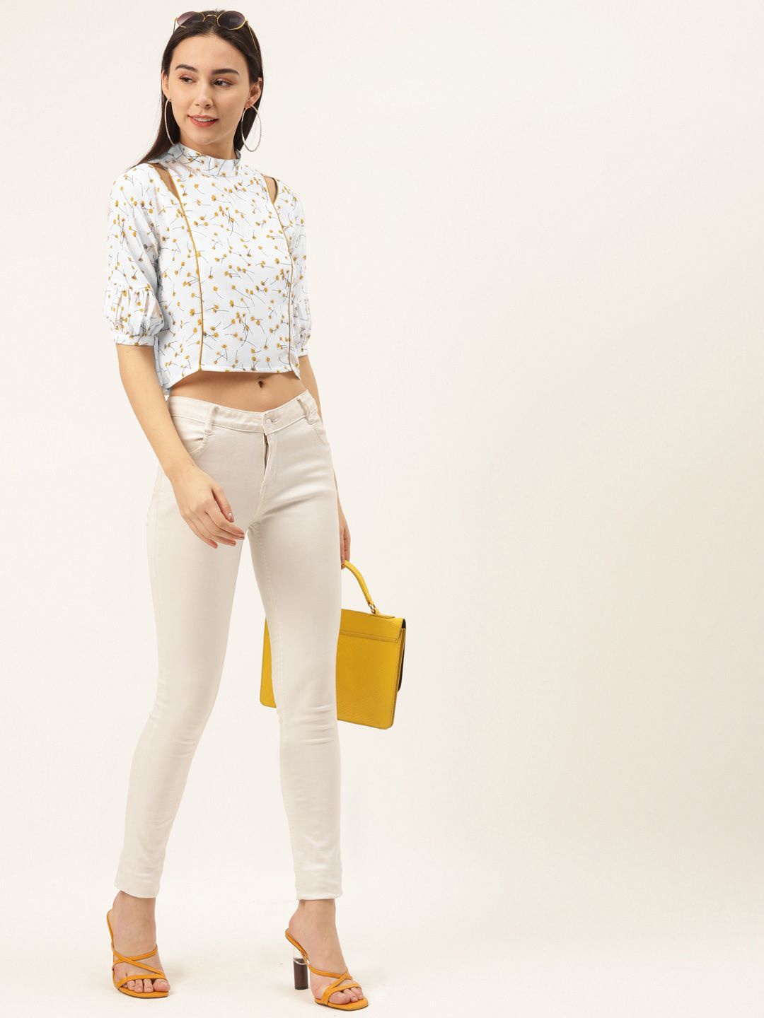 

SHECZZAR Women Floral Print Puff Sleeve Georgette Crop Top, White