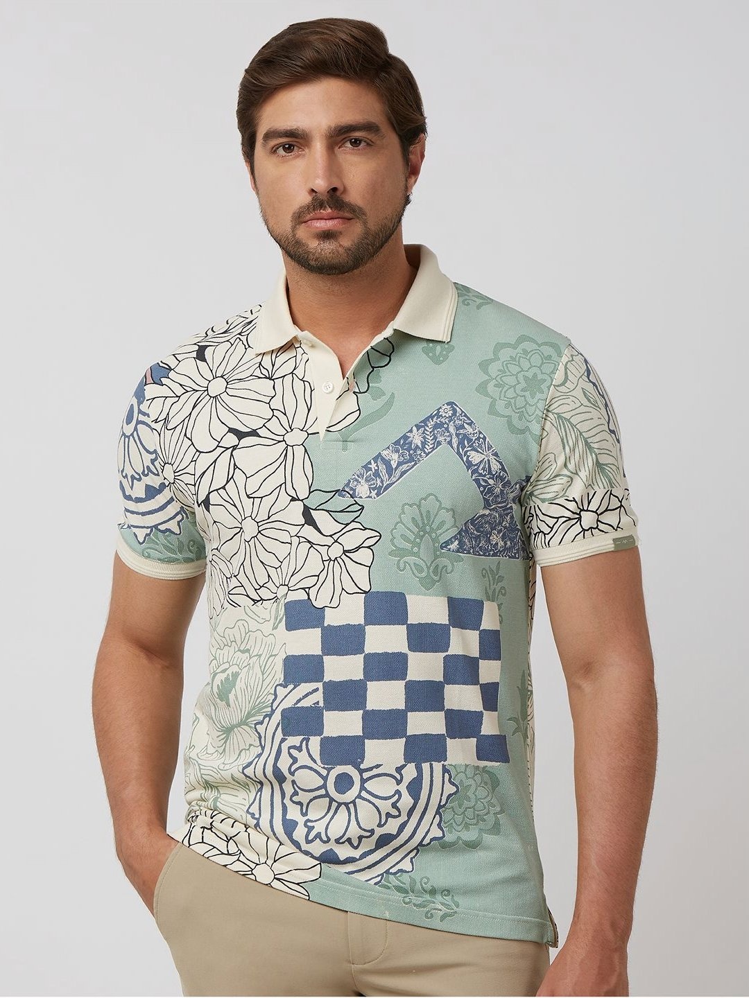 

Mufti Men Floral Printed Polo Collar Slim Fit T-shirt, Off white