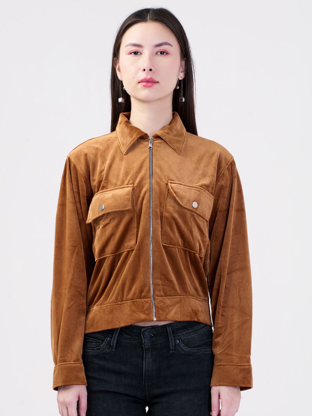 

Albion By CnM Women Shirt Collar Front-Open Sweatshirt, Brown