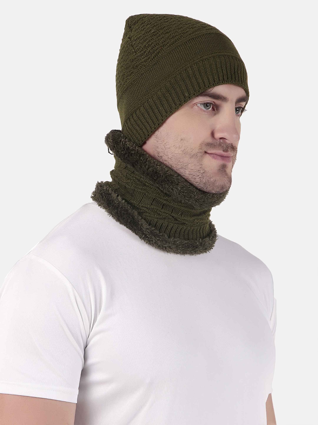 

WILD WEST Men Cable Knit Woollen Beanie, Olive