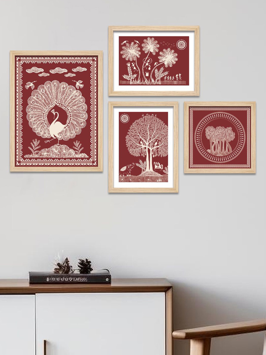 

ArtVibes Brown & White 4 Pieces Warli Printed Wooden Wall Arts