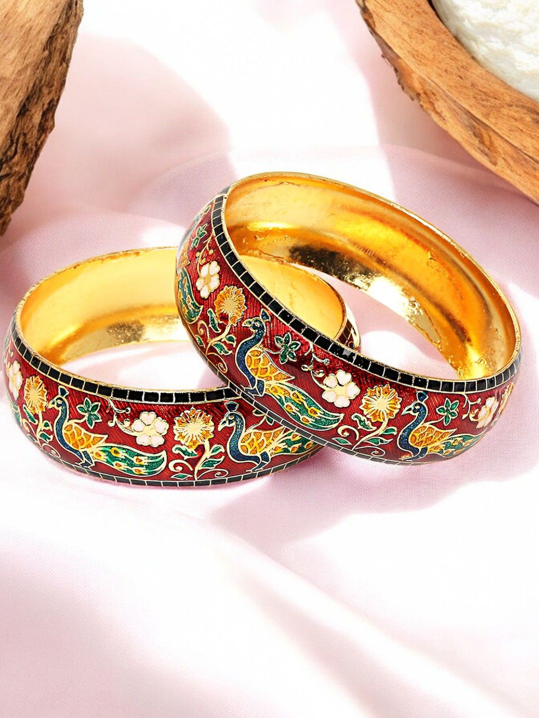 

Anouk Set Of 2 Gold-Plated Meenakari Peacock Floral Design Bangles