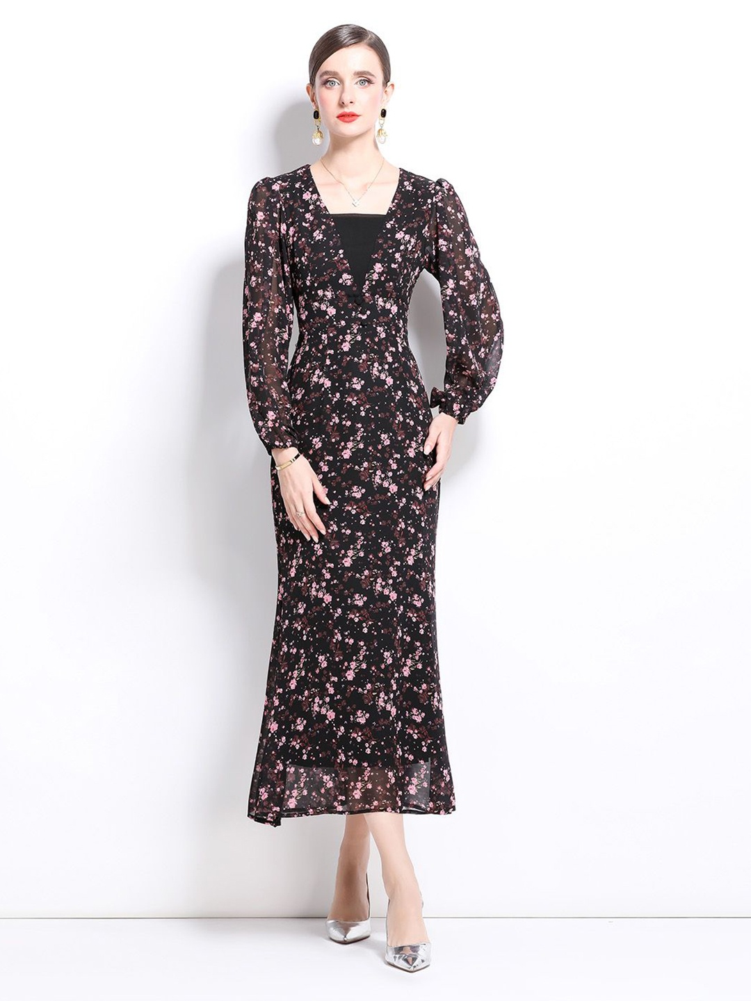 

JC Collection Floral Printed A-Line Midi Dress, Black