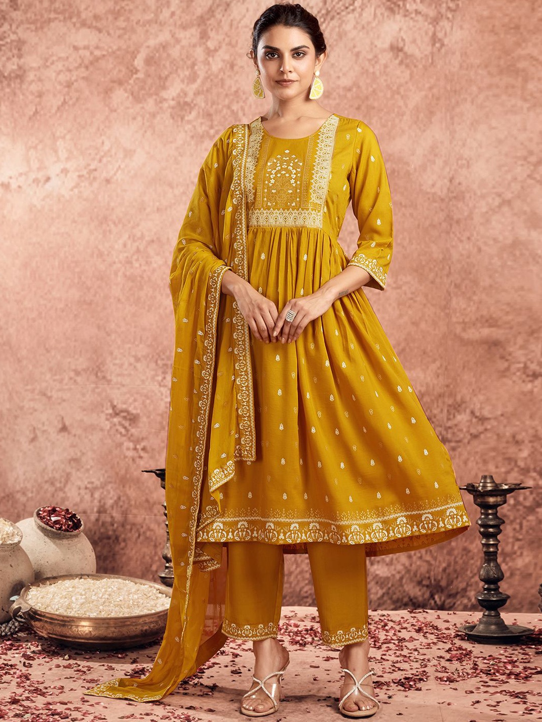 

SKYLEE Mustard Yellow Ethnic Motifs Printed Anarkali Kurta With Trousers & Dupatta