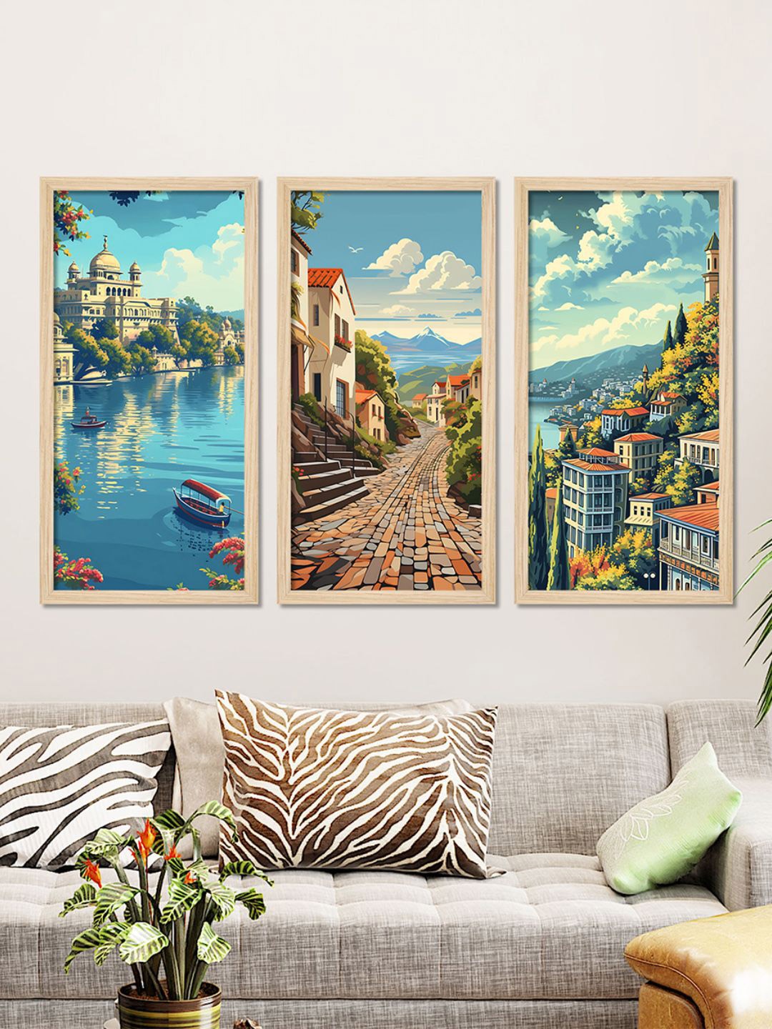

ArtVibes Blue & White 4 Pieces Beautiful Lake Iseo Wooden Painting Wall Arts