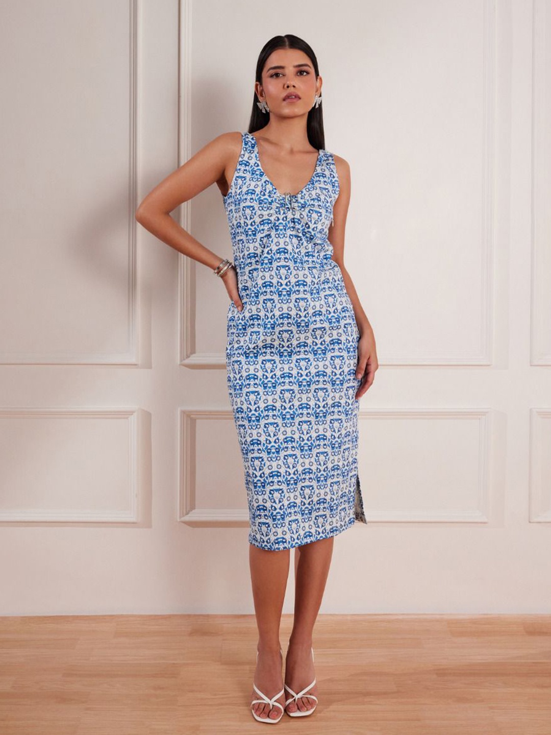 

tara and i Women Abstract Printed Bodycon Cotton Dress, Blue