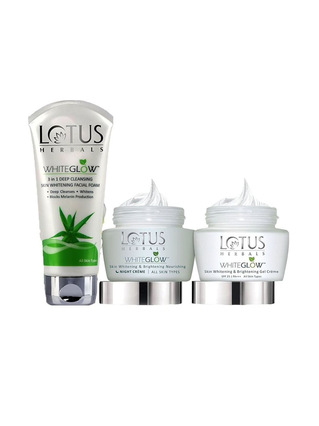 

Lotus Herbals Set Of 3 White Glow Gel Cream With Night Cream & 3 In 1 Deep Facial Foam