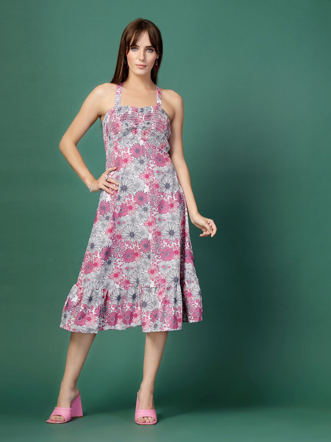 

Oomph! Women Floral Printed Shoulder Straps A-Line Midi Dress, Pink