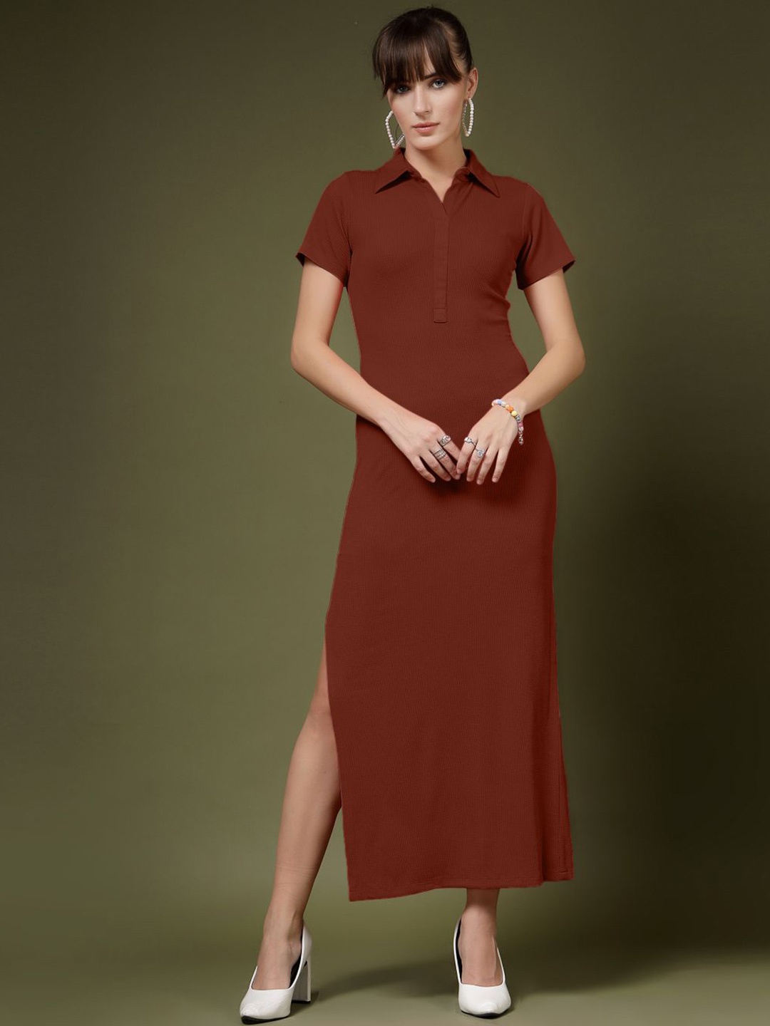 

Oomph! Shirt Collar Sheath Maxi Dress, Brown
