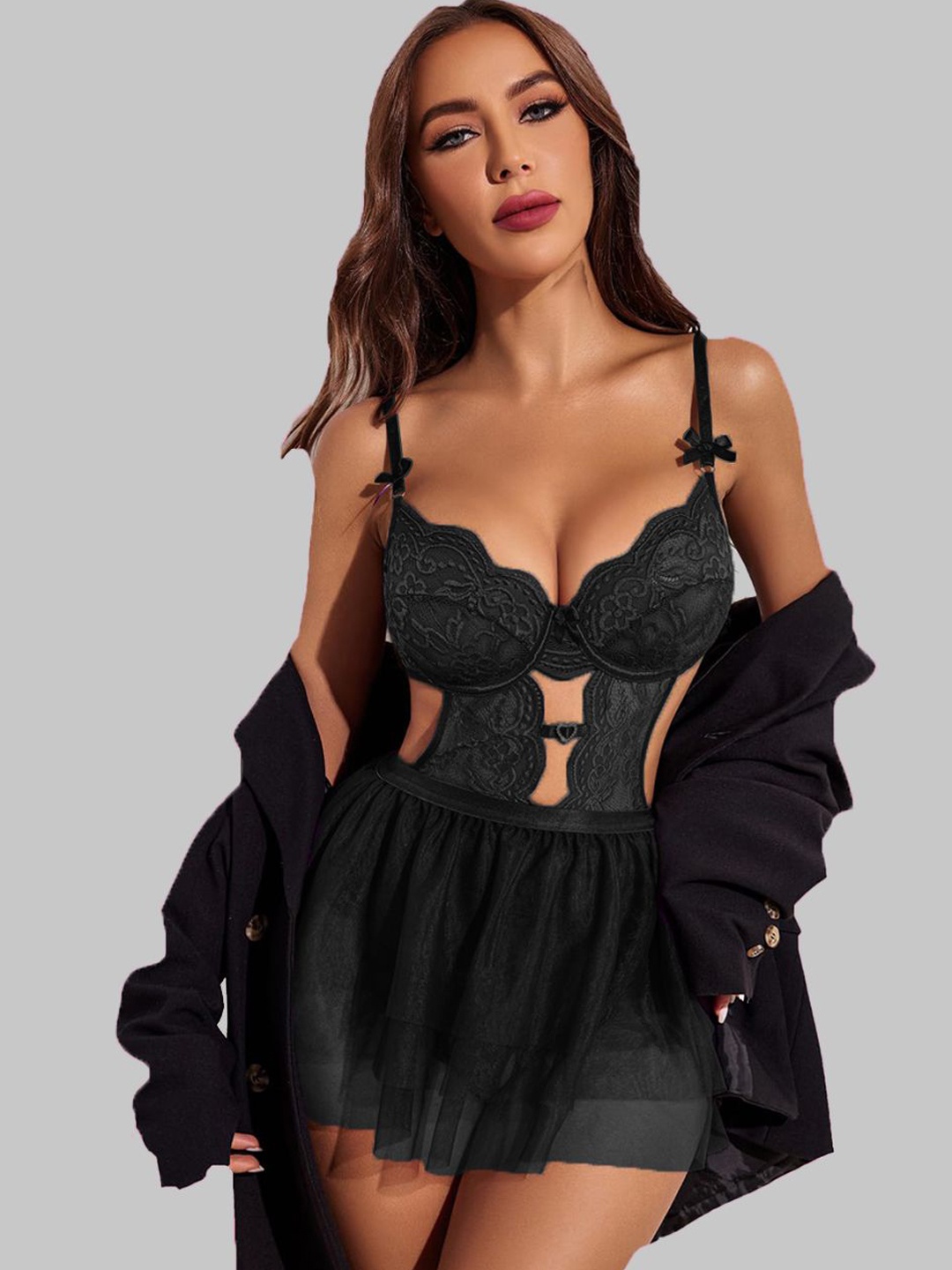 

FIMBUL Women Self Design Net Baby Doll, Black
