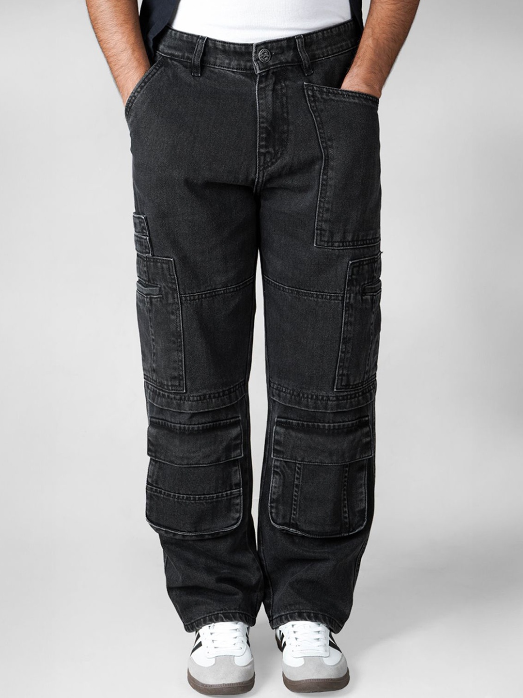 

PEPLOS Men Loose Fit Mid-Rise Denim Cargos, Charcoal