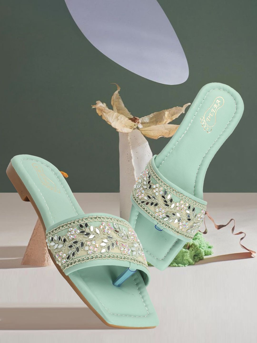 

bam bam Women Embellished Open Toe Flats, Green