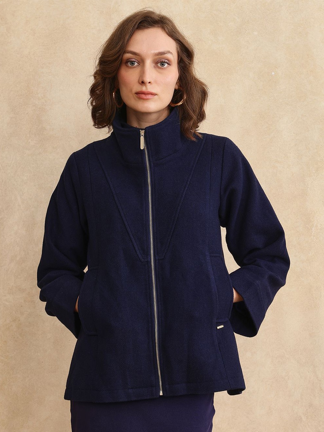 

RAREISM Women Open Front Jacket with Embroidered, Navy blue