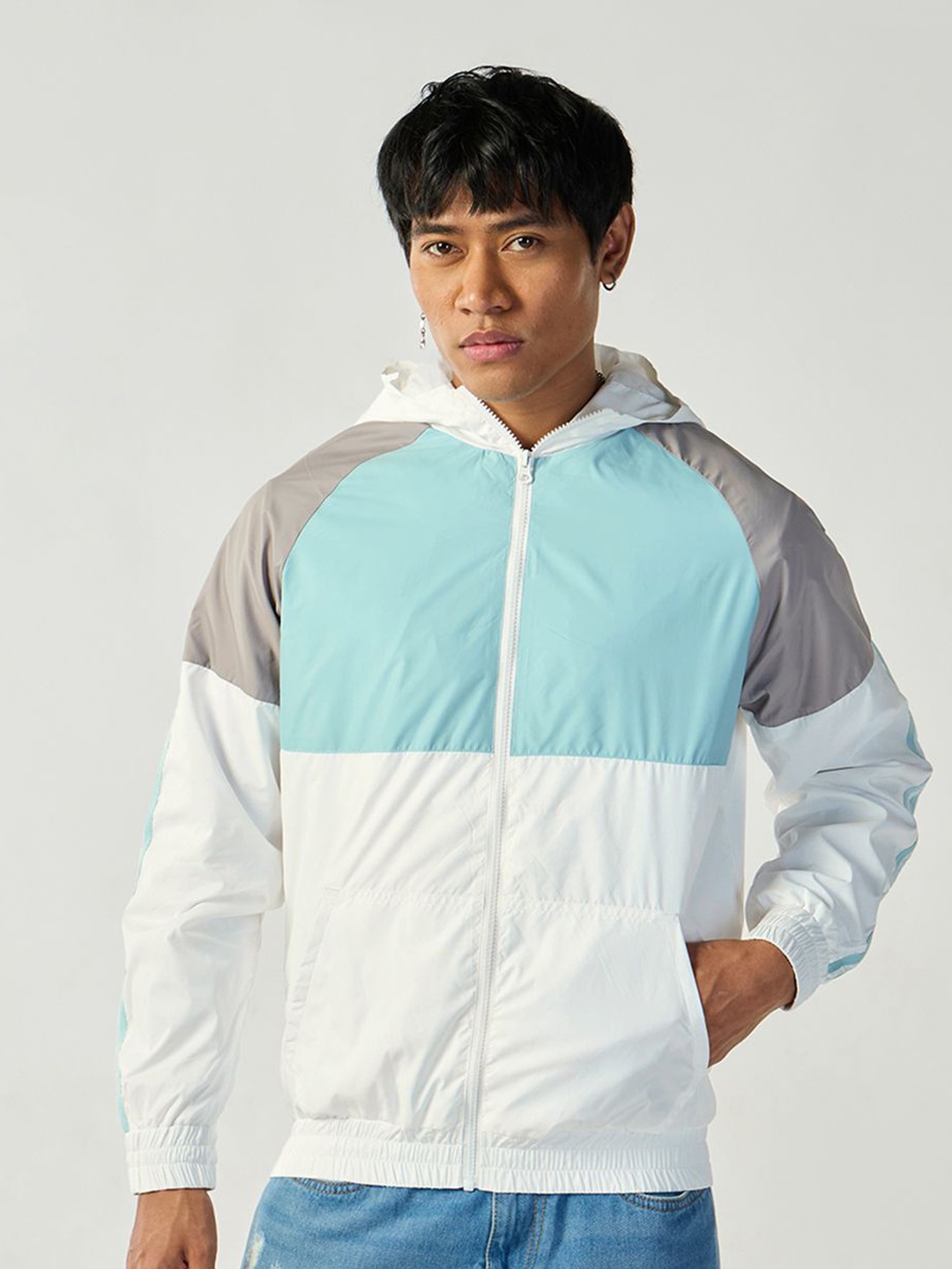 

Bewakoof AIR Colourblocked Hooded Windcheater Jacket, White