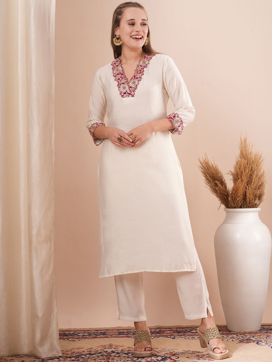 

FASHOR Floral Embroidered V-Neck Three-Quarter Sleeves Top & Trouser, Cream