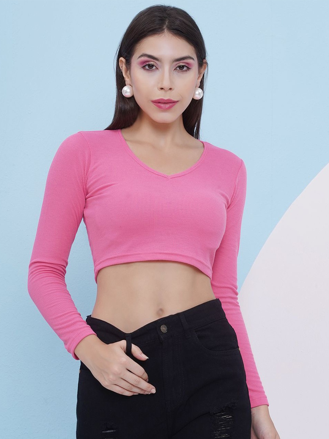 

PUELLA Women Scoop Neck Long Sleeves Crop Top, Fuchsia