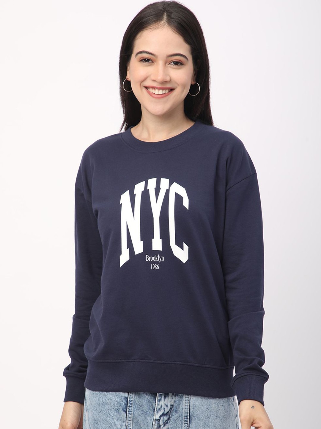 

R&B Women Round Neck Printed Sweatshirt, Blue