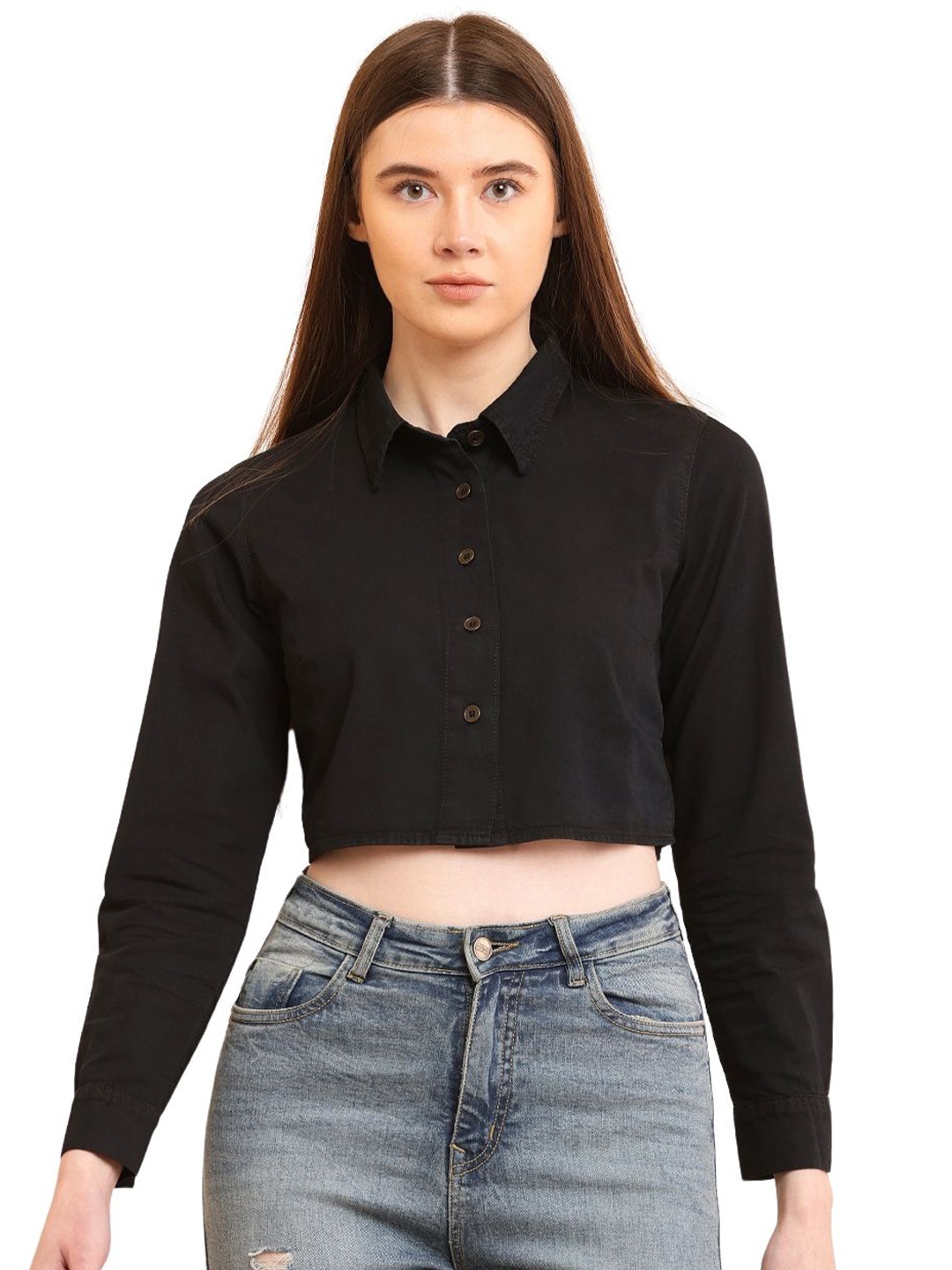 

PUELLA Women Cotton Shirt Collar Cuffed Sleeves Shirt Style Top, Black