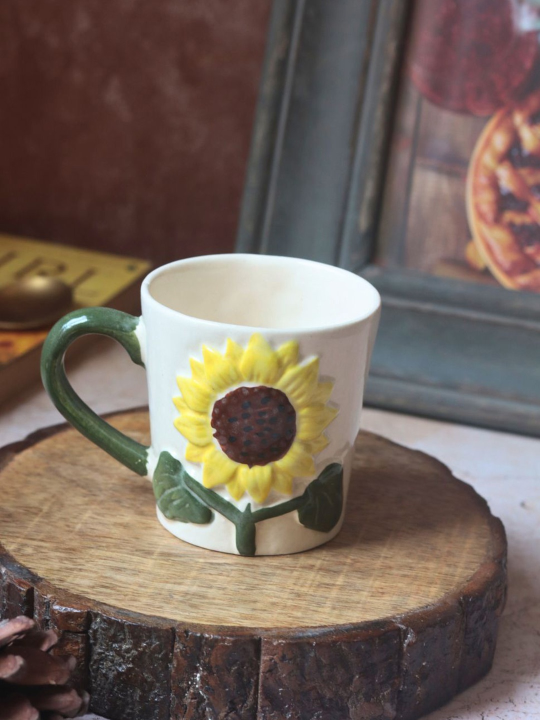 

WEAVING HOMES White & Yellow Printed Ceramic Glossy Mugs 280 ml