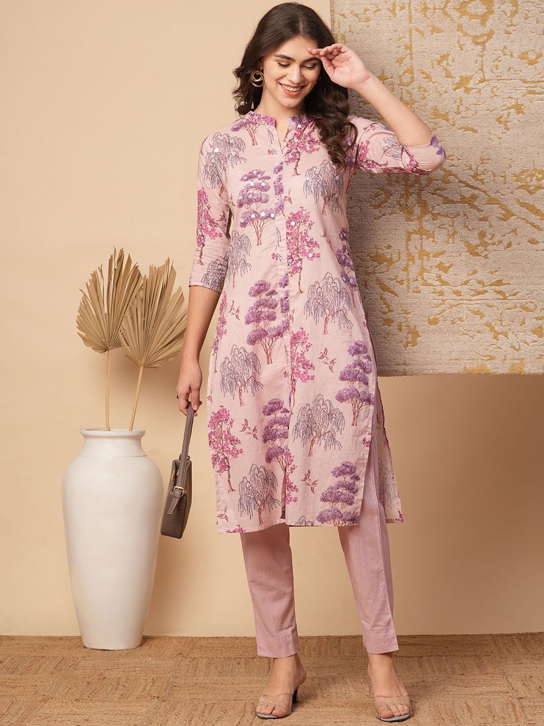 

FASHOR Pink Floral Printed Mandarin Collar Pure Cotton Straight Kurta With Trousers
