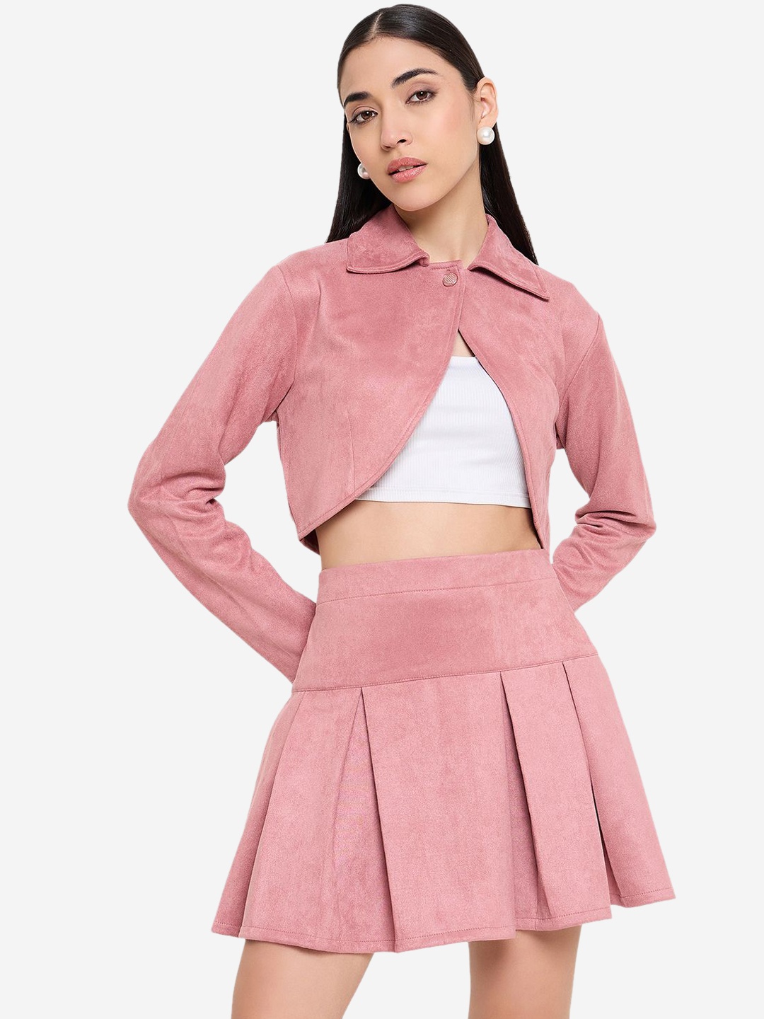

Imfashini Spread Collar Long Sleeves Waistcoat With Skirt, Peach