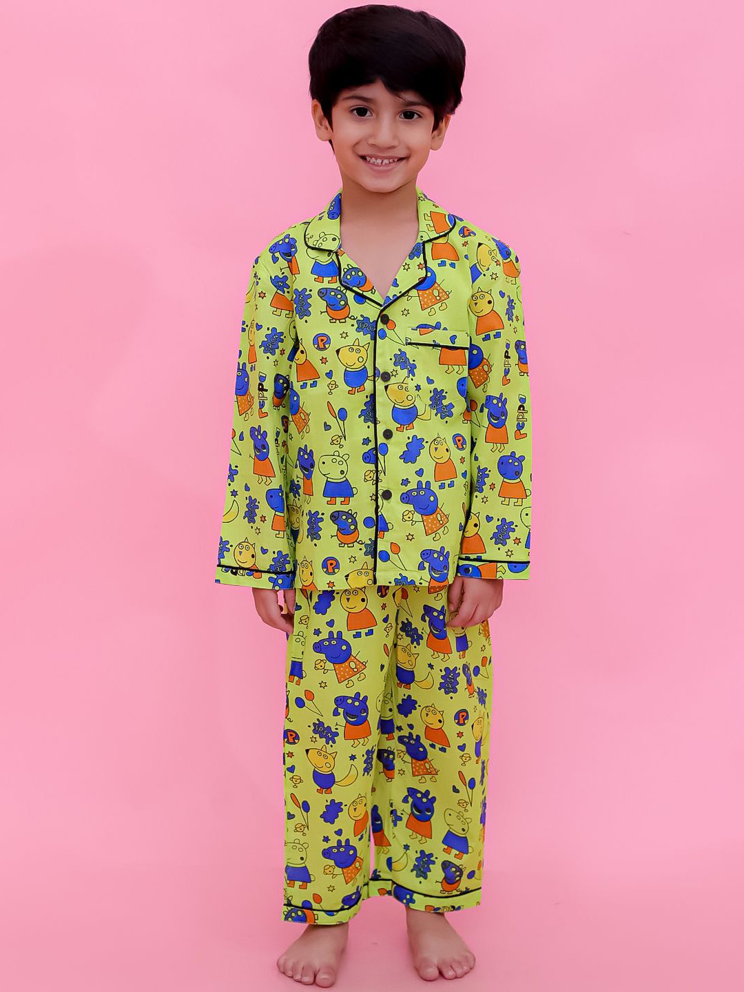 

UNBIND Printed Shirt Collar Pure Cotton Night Suit, Green