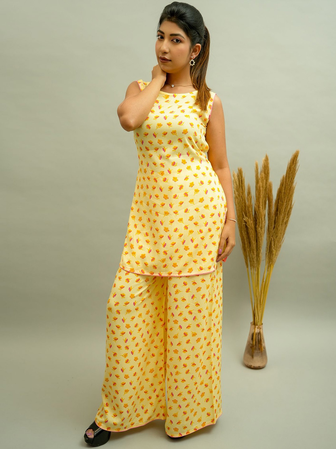 

GO BOUJEE Printed Pure Cotton Top With Palazzo Co-Ords, Yellow
