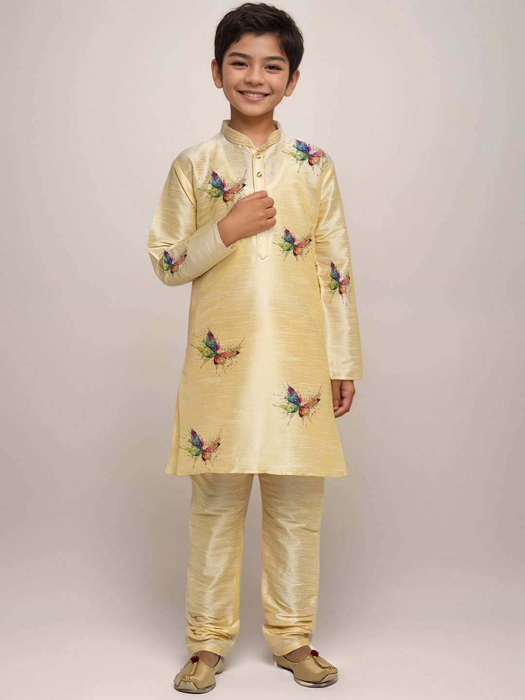 

DEVOILER Boys Butterfly Printed Straight Kurta, Beige