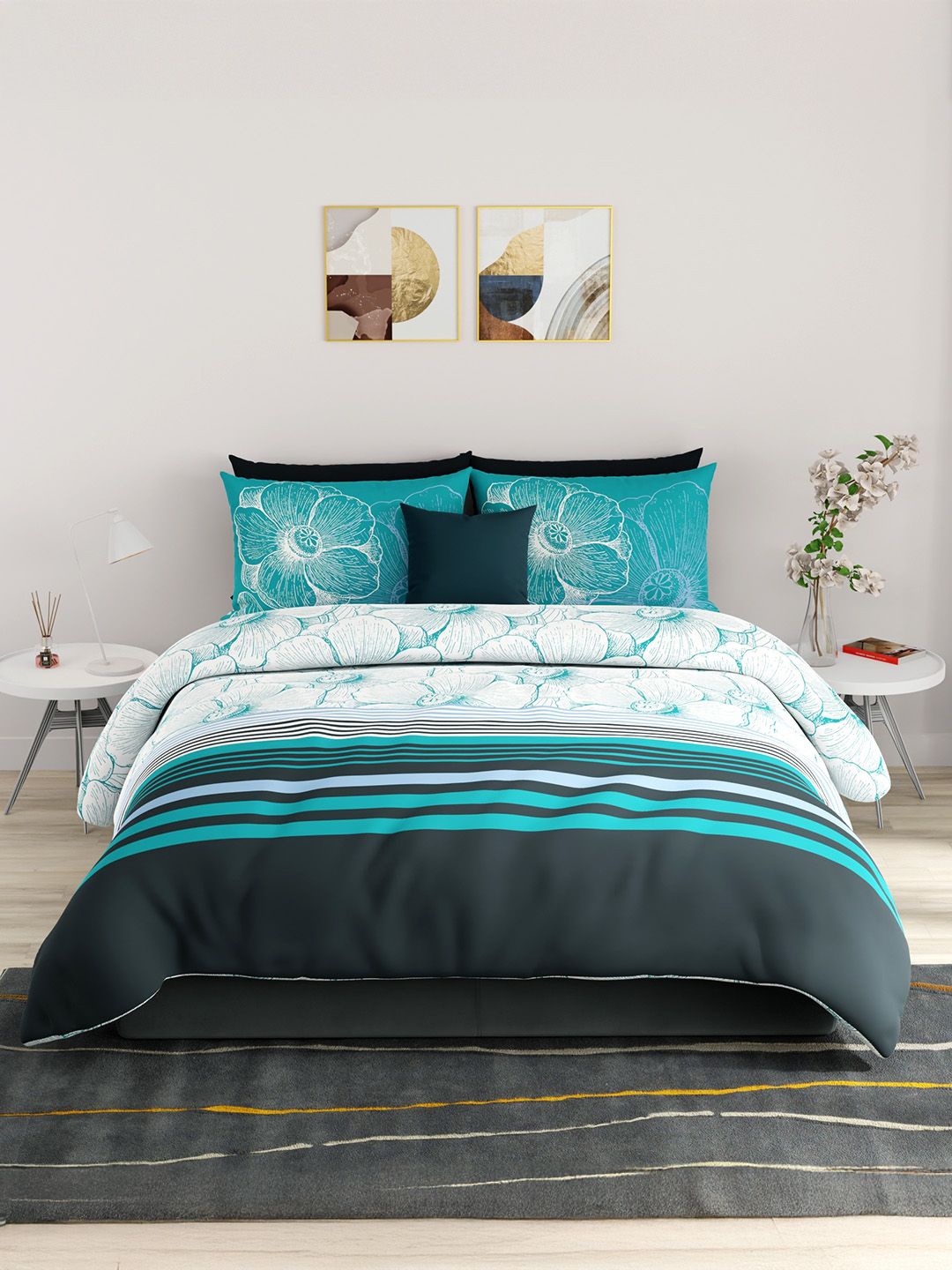 

United Colors of Benetton Teal Blue Floral Pure Cotton AC Room Extra Large Bedding Set