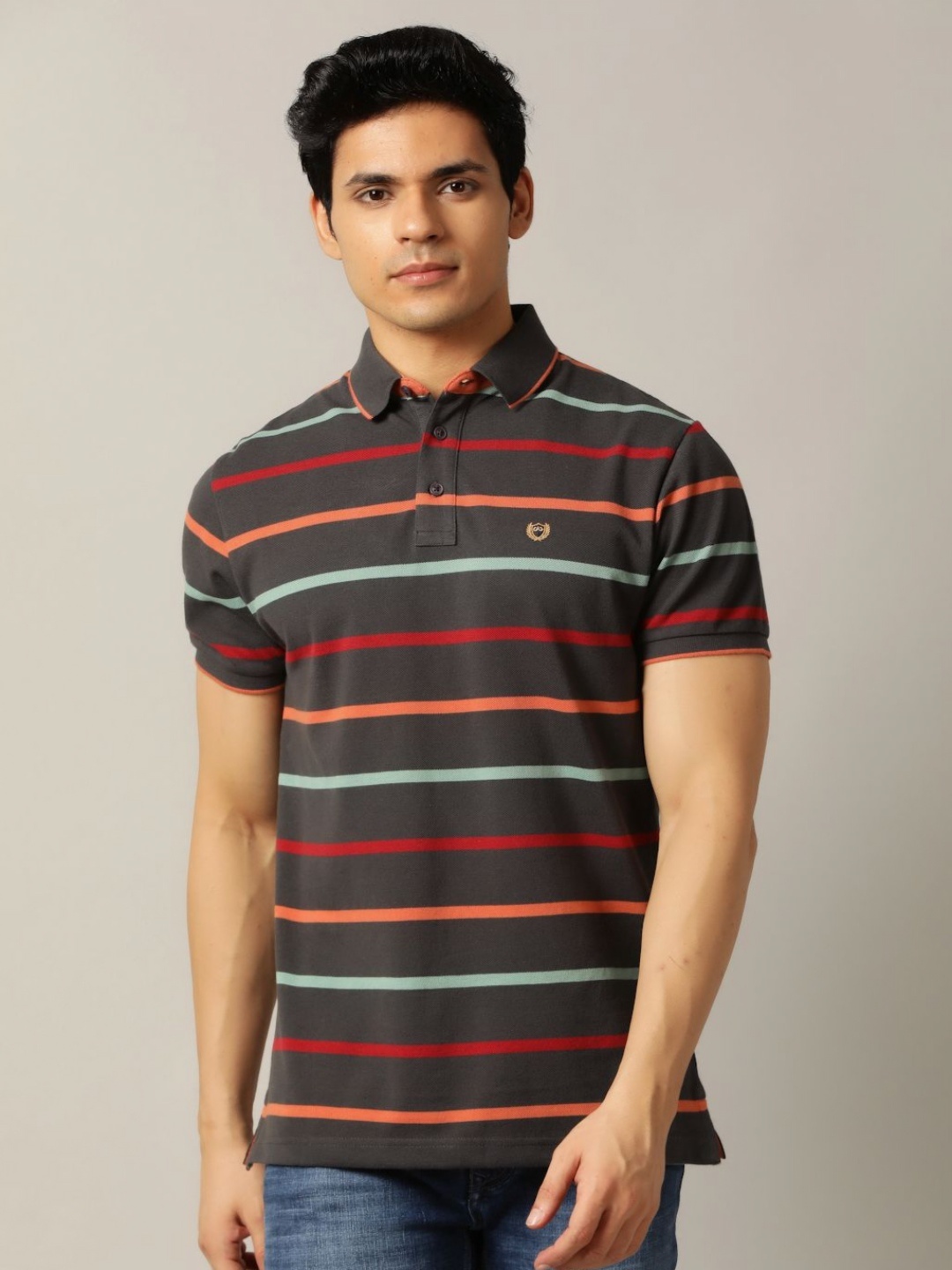 

JADE BLUE Men Striped Polo Collar Applique Slim Fit T-shirt, Grey