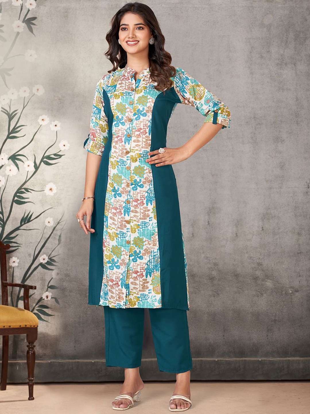 

KALINI Ethnic Motifs Printed Straight Kurta with Palazzos, Green