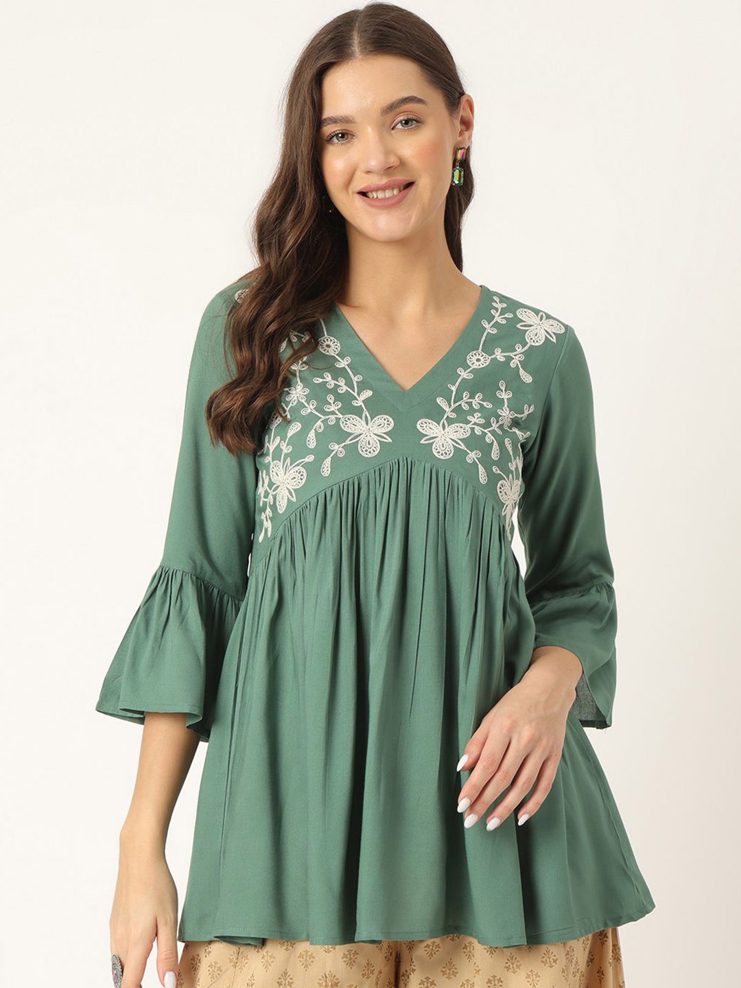 

Ashlee Embroidered Bell Sleeve Empire Top, Green