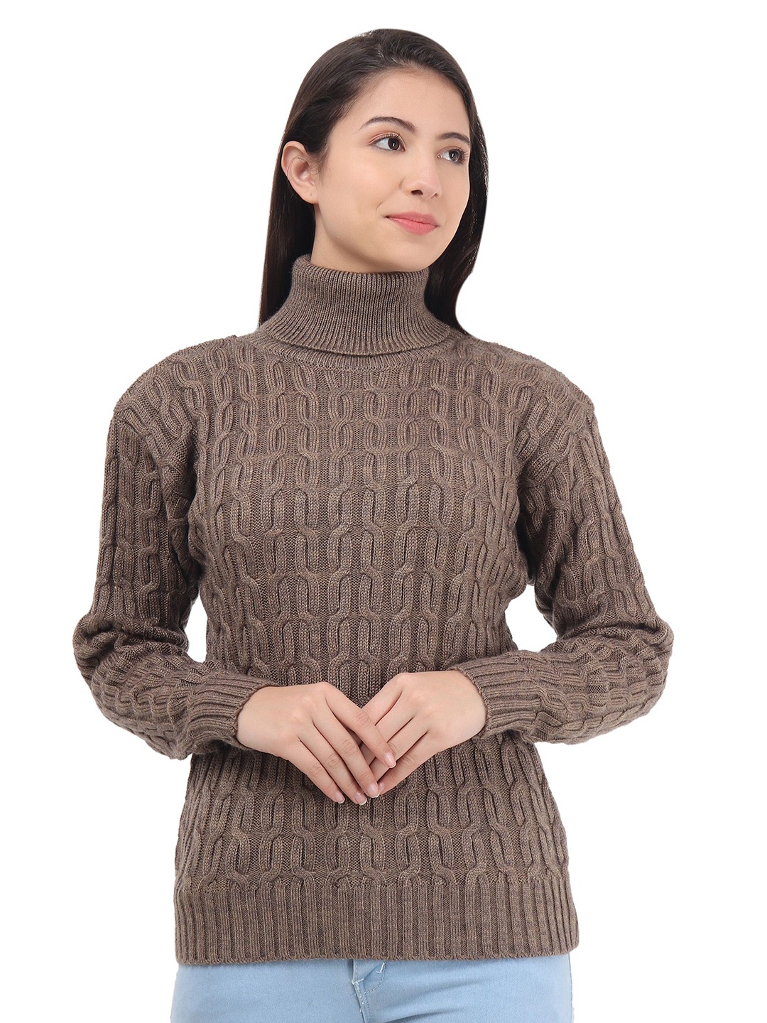

HAUTEMODA Women Cable Knit Woollen Cardigan, Brown