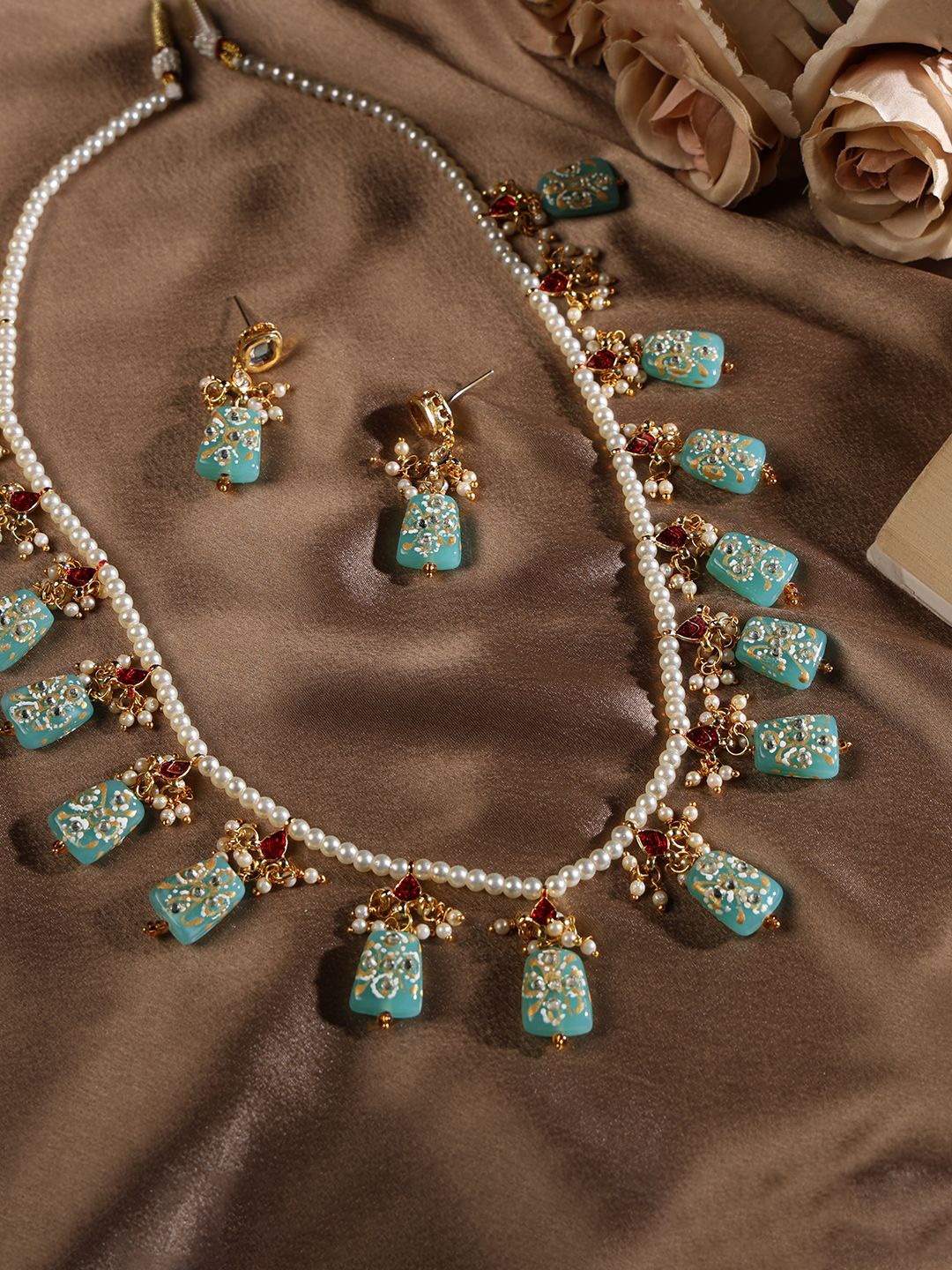 

PATOLA BY VJ Gold-Plated Stones-Studded & Pearls Beaded Jewellery Set