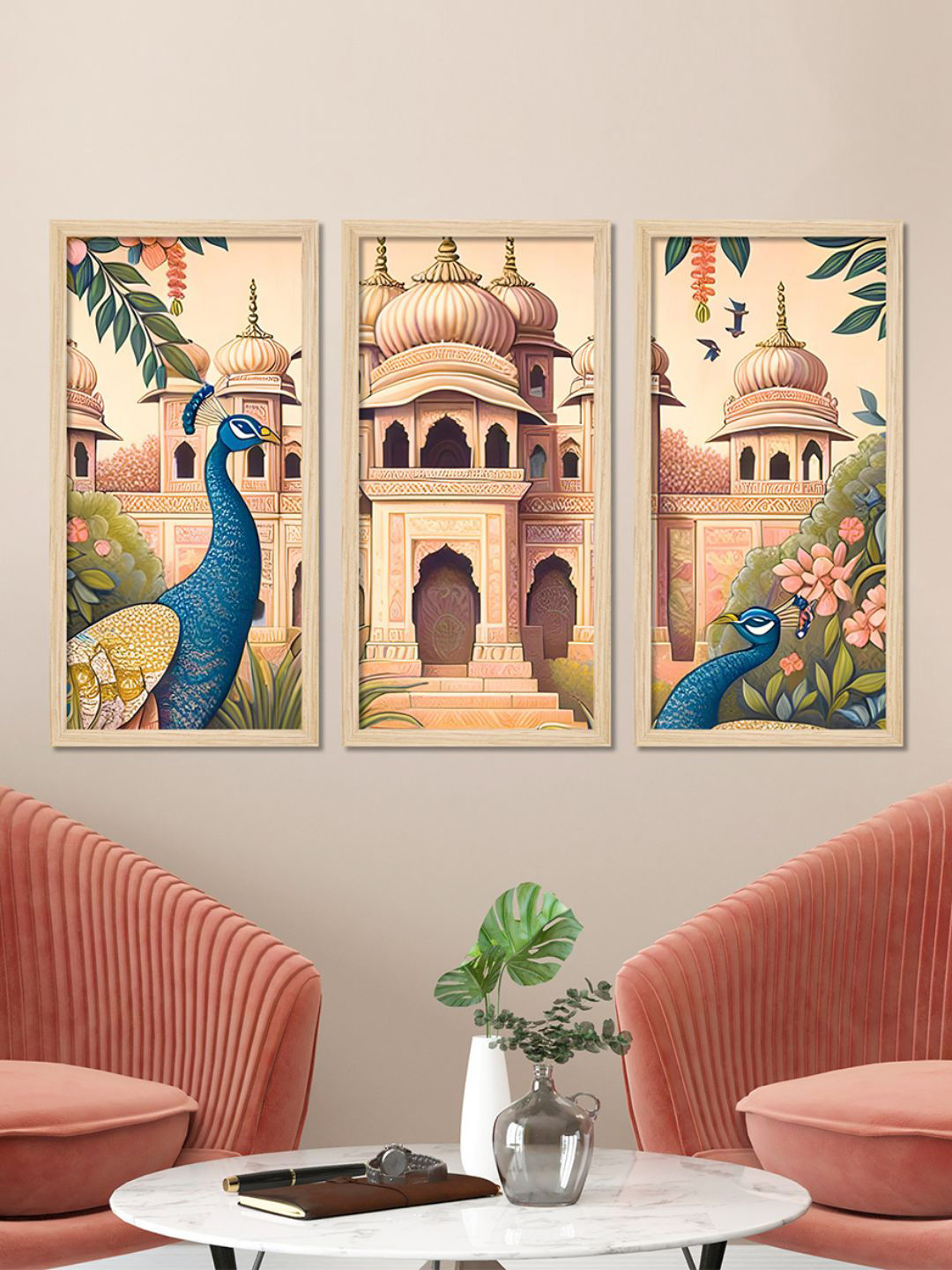 

ArtVibes Beige & Blue 3 Pieces Traditional Mughal Printed Wooden Wall Art