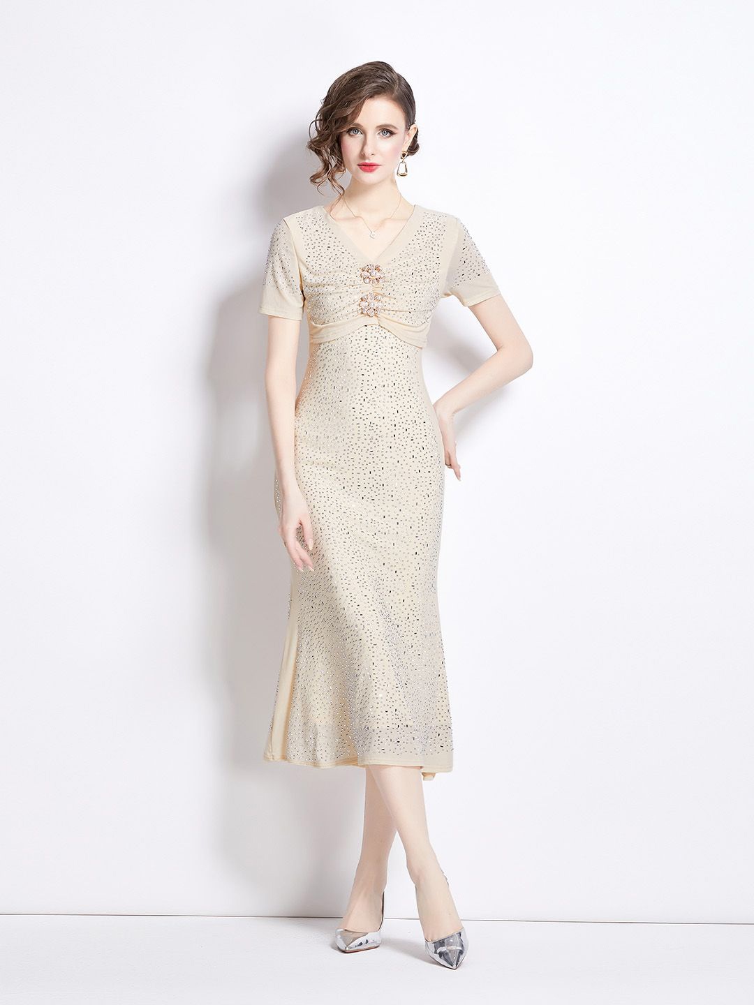 

JC Collection Women Embellished A-Line Midi Dress, Beige