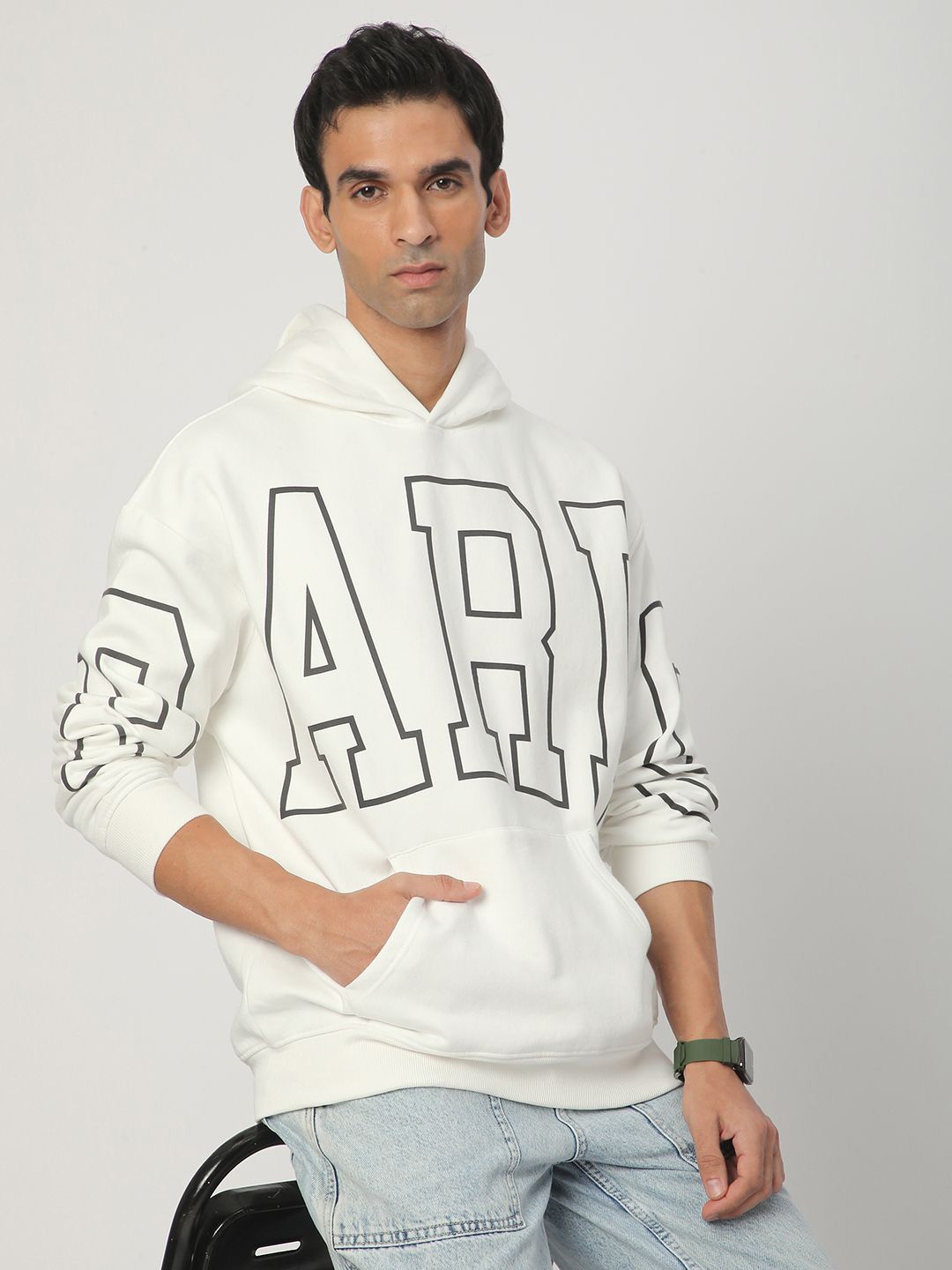 

R&B Men Printed Hooded Long Sleeves Sweatshirt, White