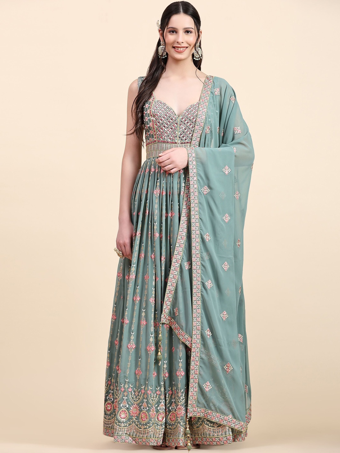 

VANAKARA Women Embroidered Sweetheart Neck Sleeveless Maxi Ethnic Dresses & Dupatta, Olive