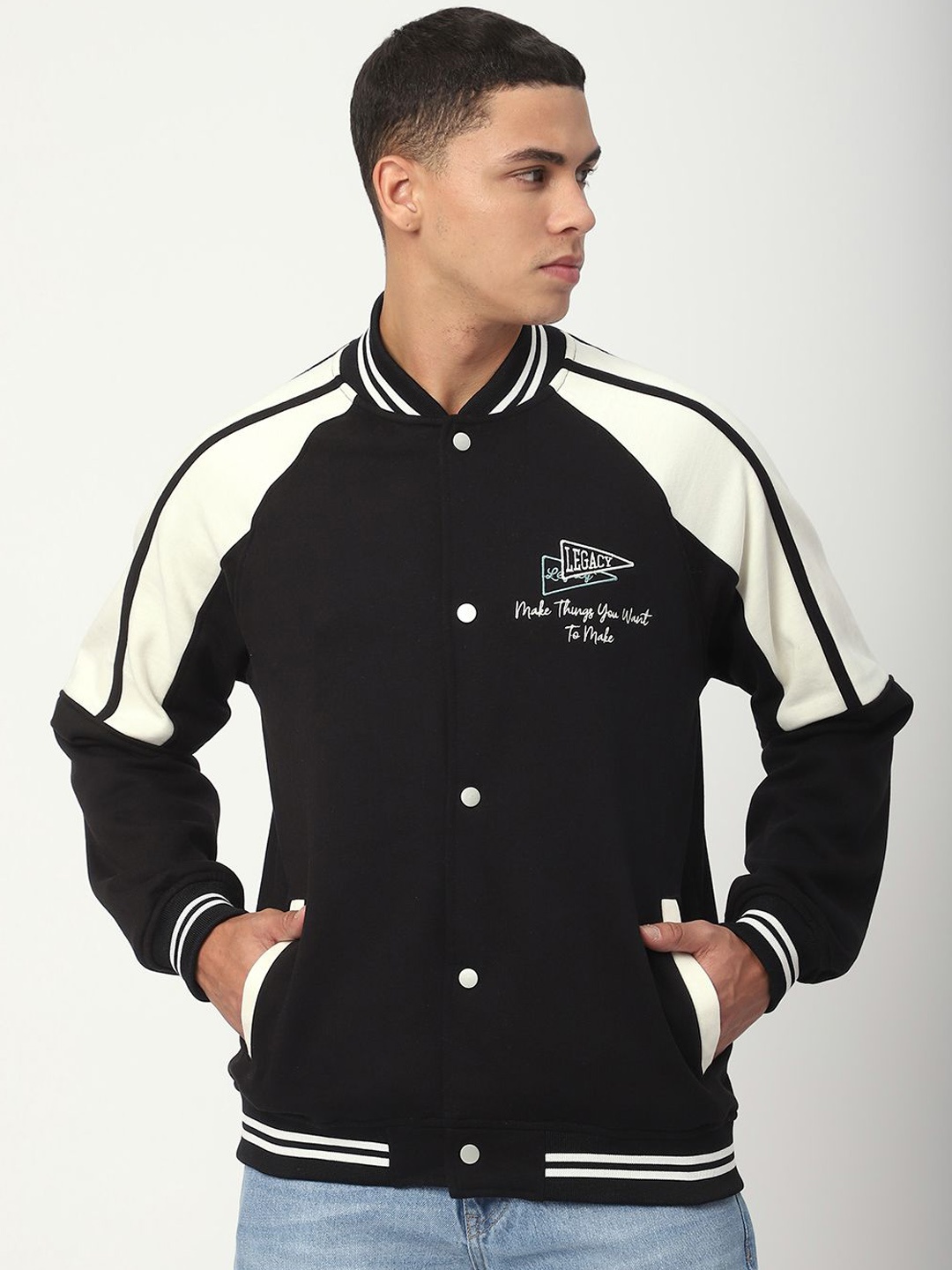 

R&B Men Printed Varsity Jacket, Black