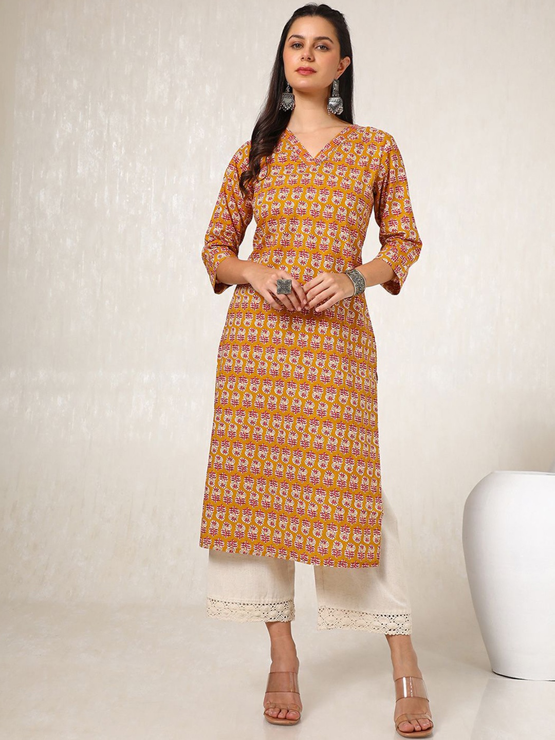 

Soch Floral Printed Gotta Patti Cotton Straight Kurta, Mustard